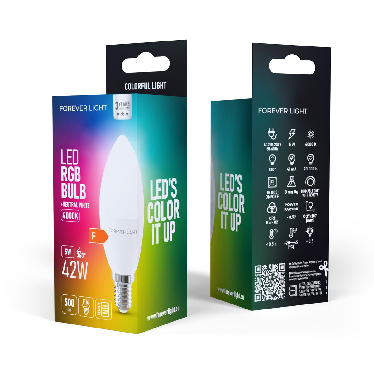 Forever Light LED spuldze RGB E14 C37 5W 500lm 4000K energoklase F