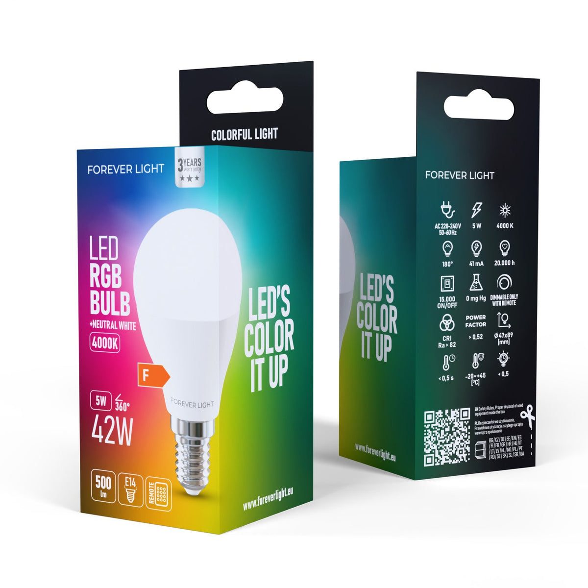 Forever Light LED spuldze RGB E14 G45 5W 500lm 4000K energoklase F