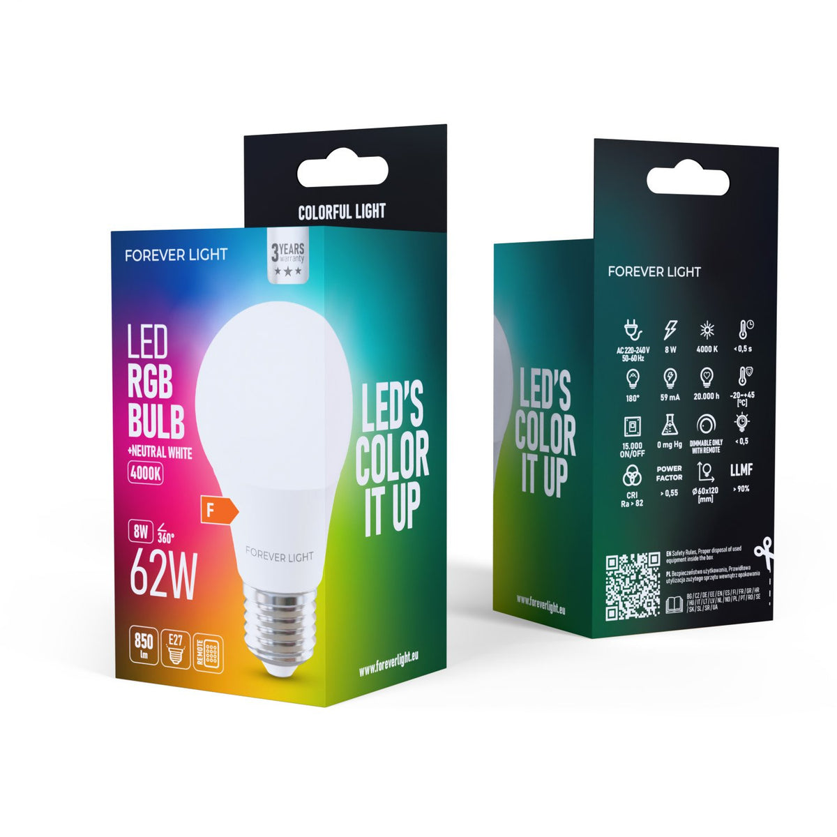 Forever Light LED spuldze RGB E27 A60 8W 850lm 4000K energoklase F