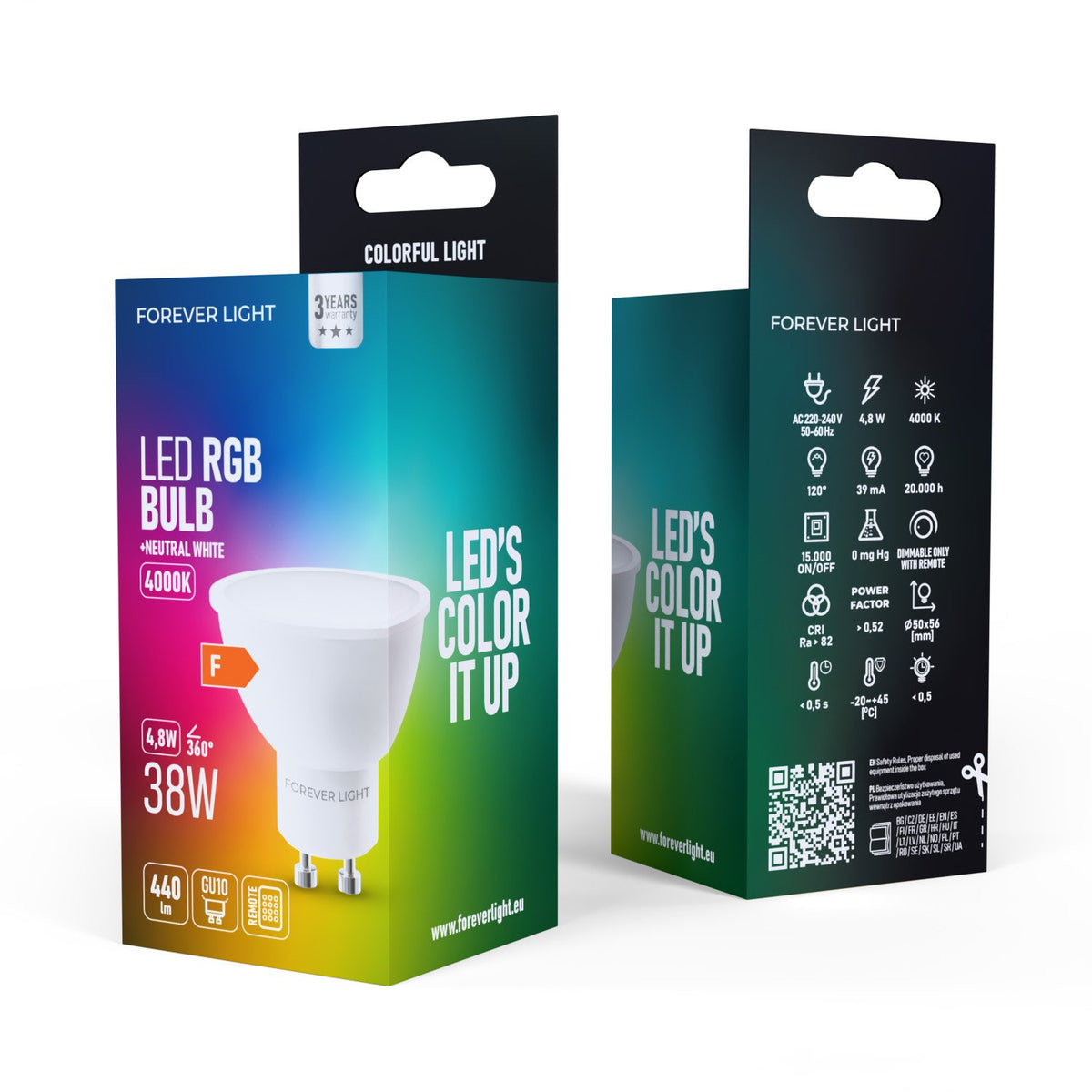 Forever Light spuldze LED RGB GU10 4.8W 440lm 4000K energoklase F