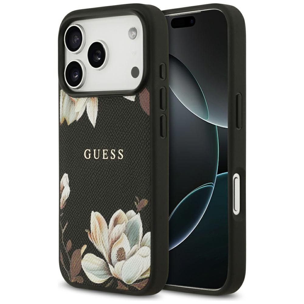 Guess Grained Flowers Classic Logo MagSafe vāciņš iPhone 17 Pro, melns