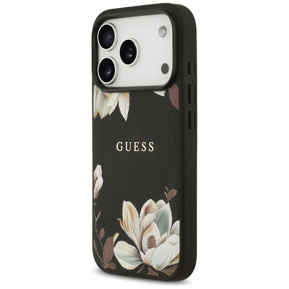 Guess Grained Flowers Classic Logo MagSafe vāciņš iPhone 17 Pro, melns