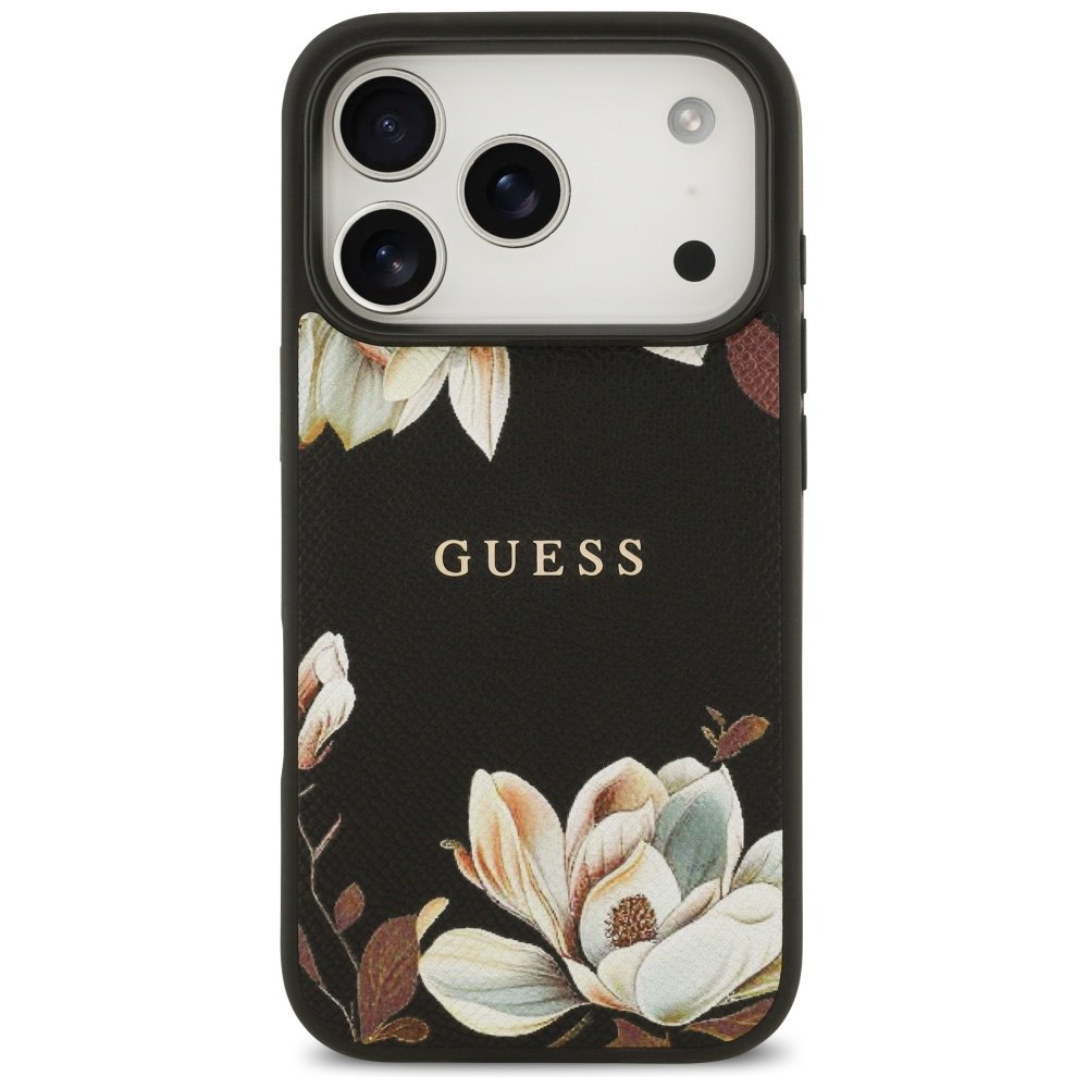 Guess Grained Flowers Classic Logo MagSafe vāciņš iPhone 17 Pro, melns