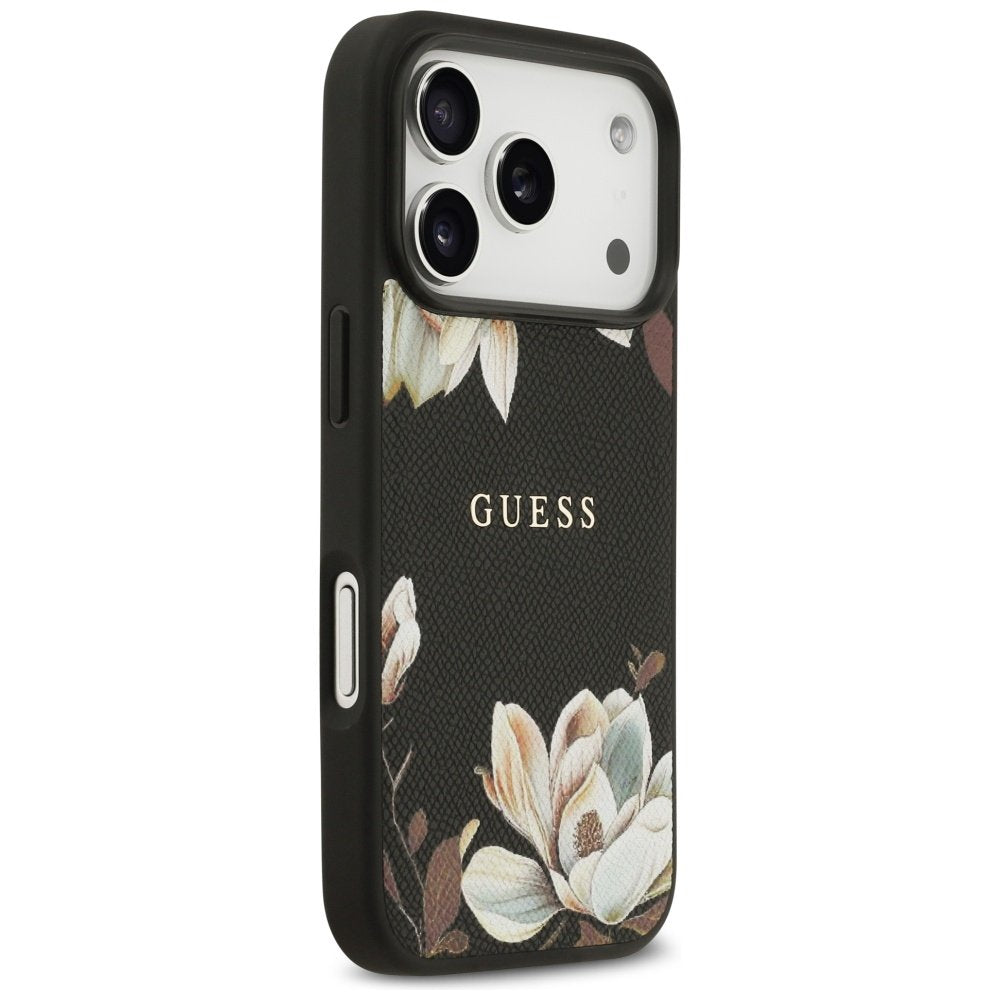 Guess Grained Flowers Classic Logo MagSafe vāciņš iPhone 17 Pro, melns