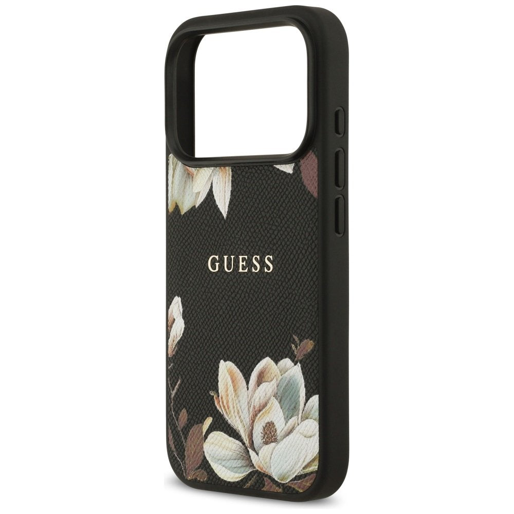 Guess Grained Flowers Classic Logo MagSafe vāciņš iPhone 17 Pro, melns