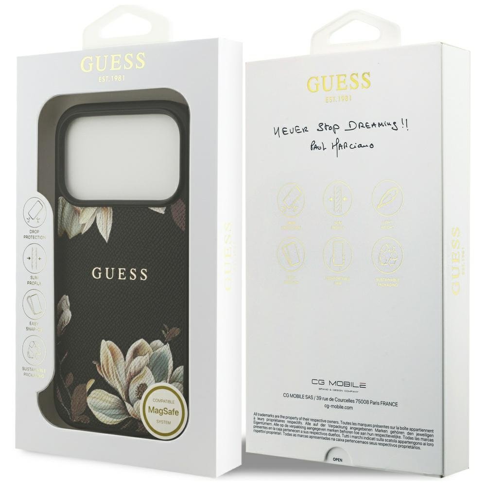 Guess Grained Flowers Classic Logo MagSafe vāciņš iPhone 17 Pro, melns