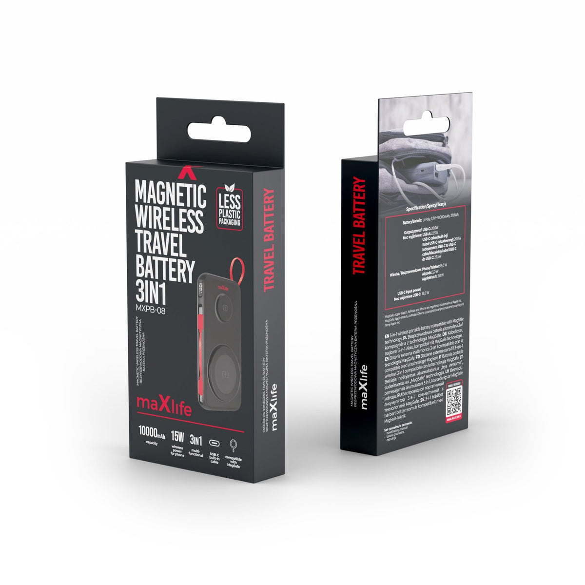 Maxlife ārējā baterija ar bezvadu lādēšanu MXPB-08 10000 mAh magnētiska 3/1 melna