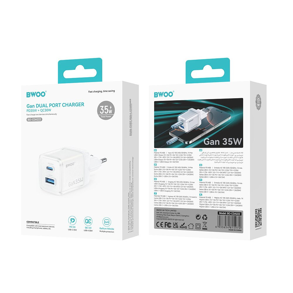 BWOO tīkla lādētājs CDA222 PD 35W 1 x USB 1 x USB-C, balts