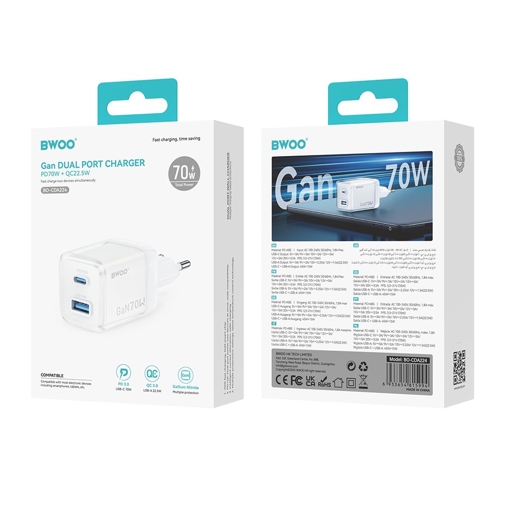 BWOO tīkla lādētājs CDA224 QC 70W 1 x USB 1 x USB-C, balts
