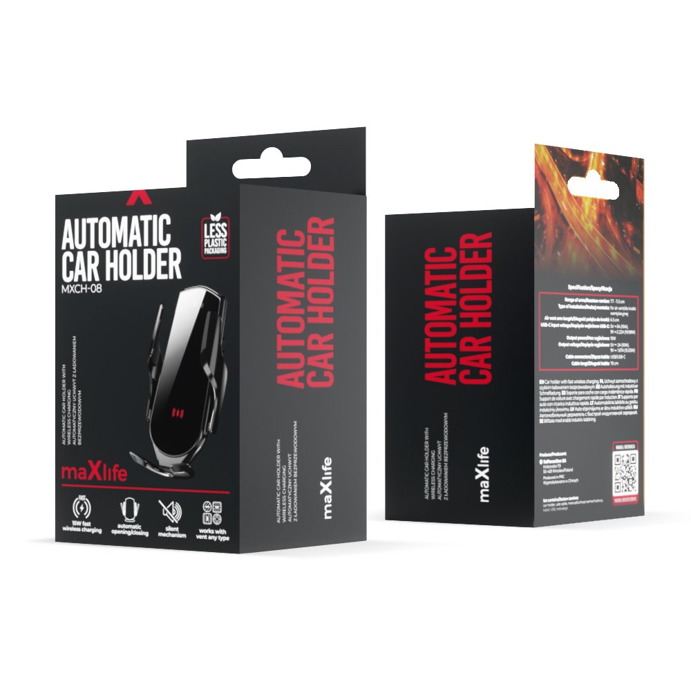 Maxlife auto turētājs ventilācijas restē ar bezvadu 15W lādēšanu MXCH-08, melns