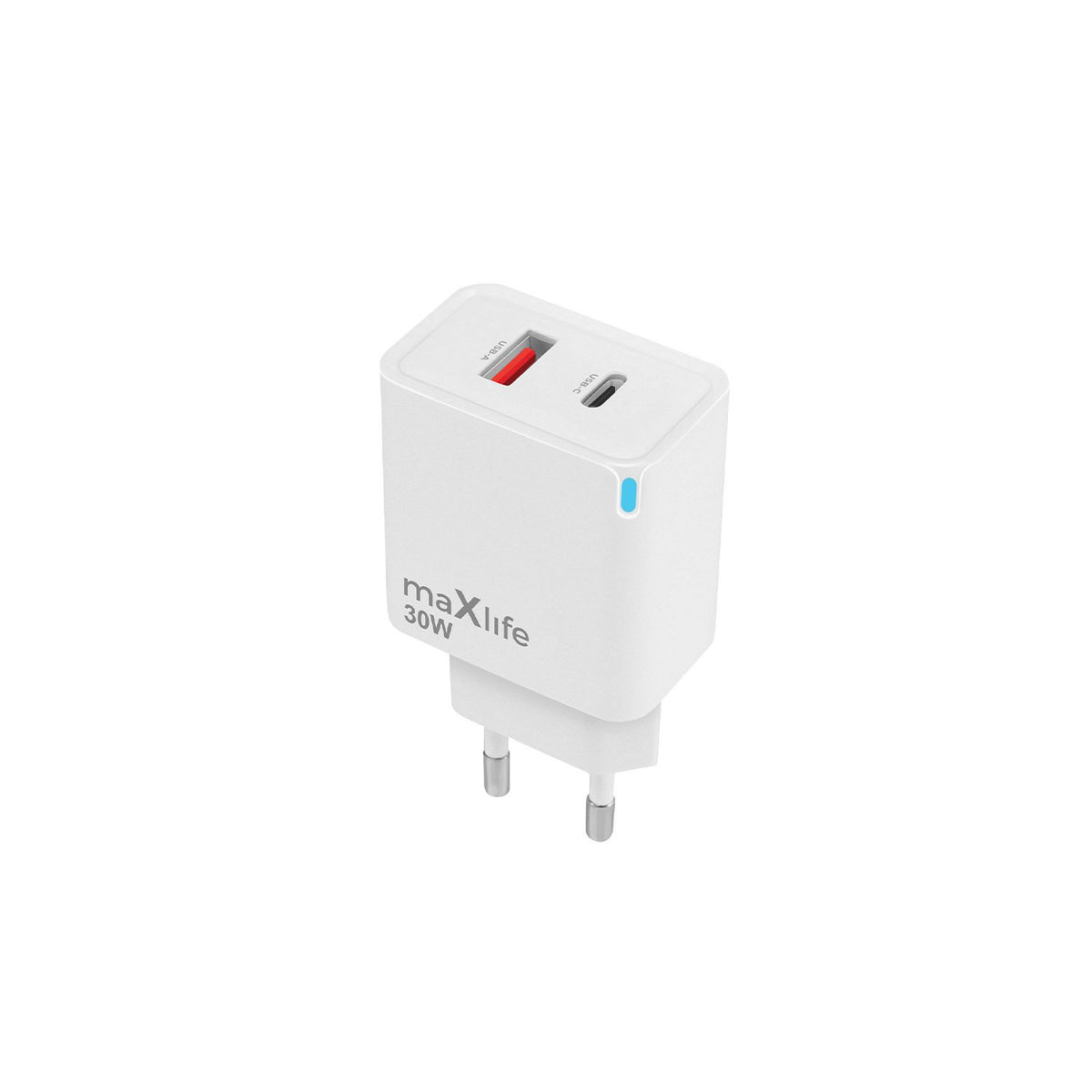 Maxlife MXTC-09-30AC GaN PD QC lādētājs 1x USB-C 1x USB 30W balts