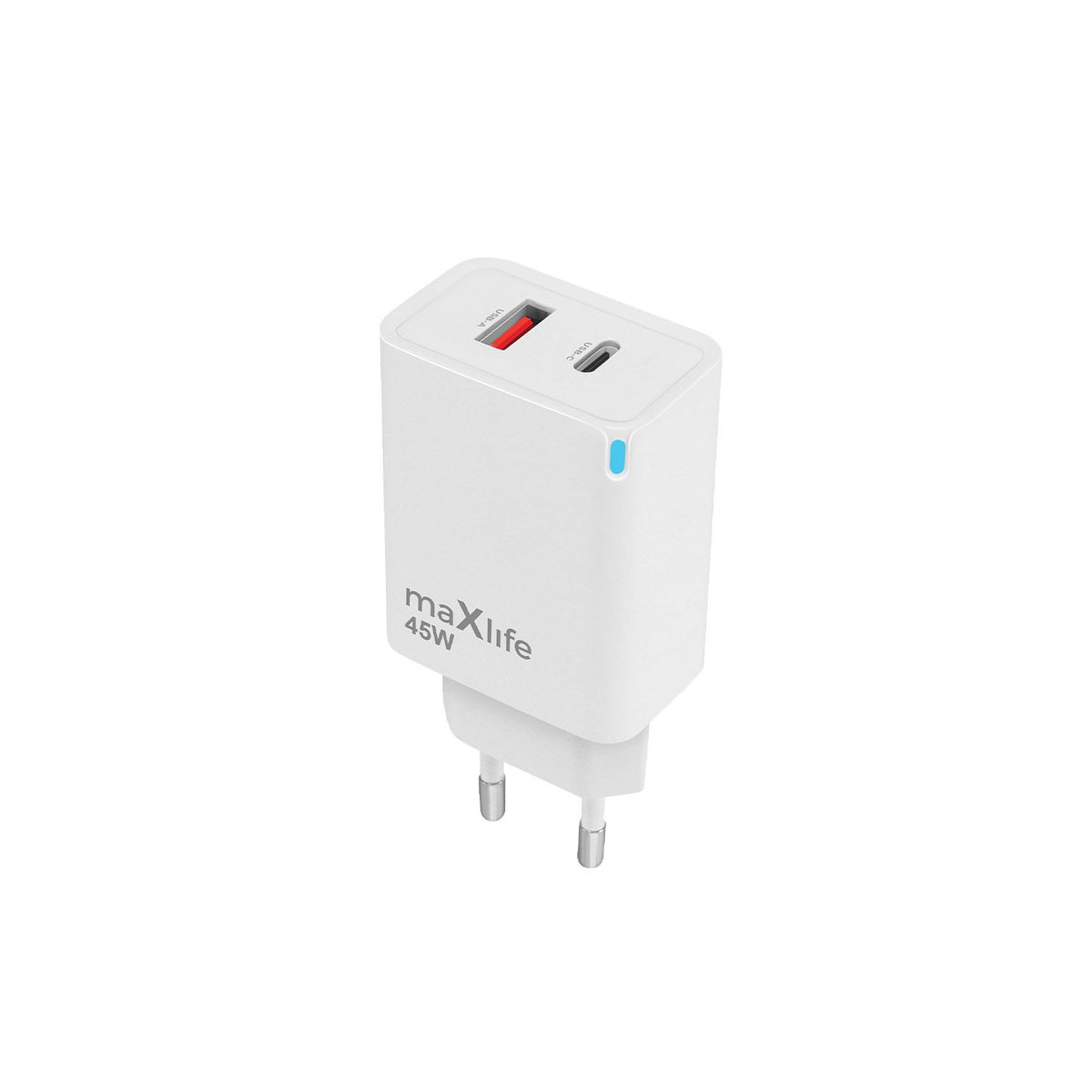 Maxlife MXTC-09-45AC GaN PD QC lādētājs 1x USB-C 1x USB 45W balts