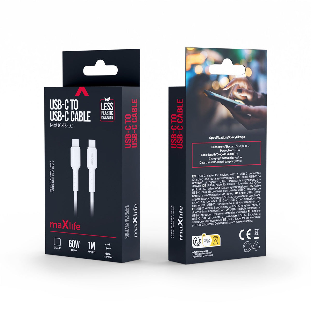 Maxlife kabelis MXUC-13 USB-C - USB-C 1,0 m 60W, balts