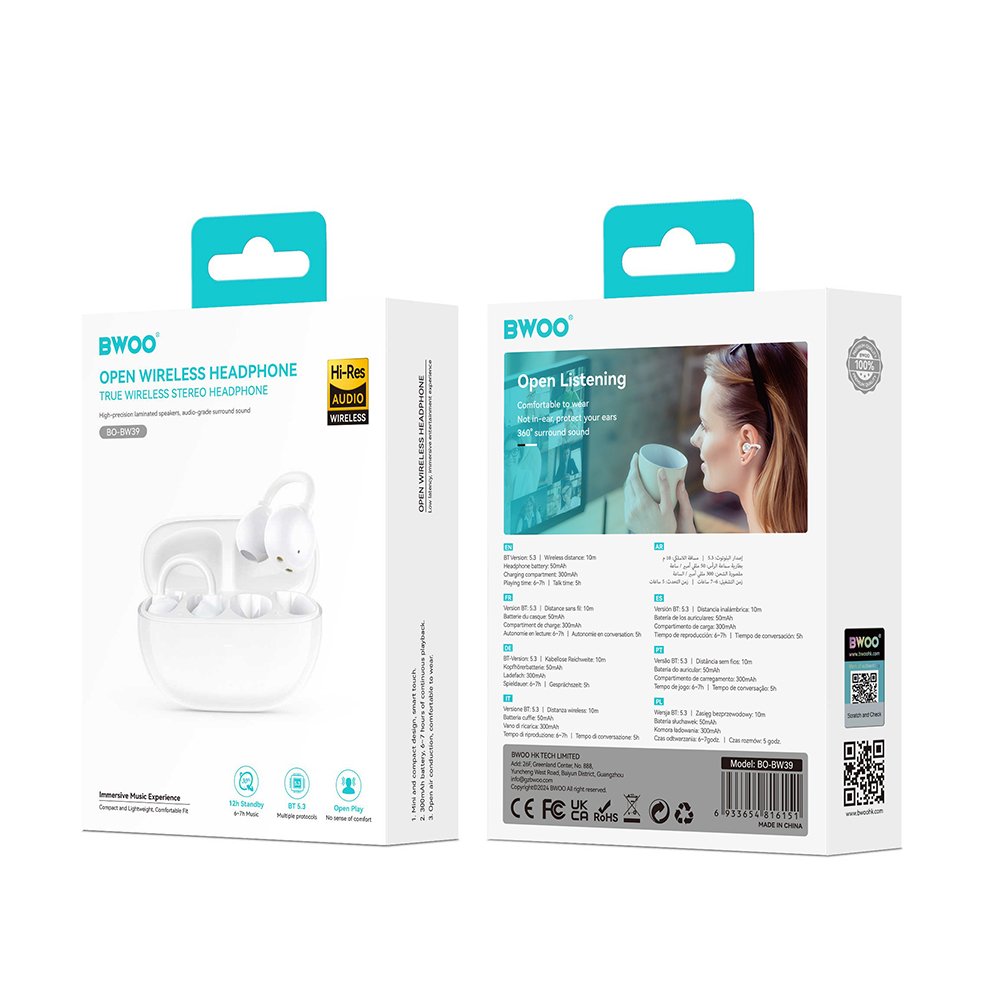 BWOO Bluetooth austiņas BW39 TWS running, baltas