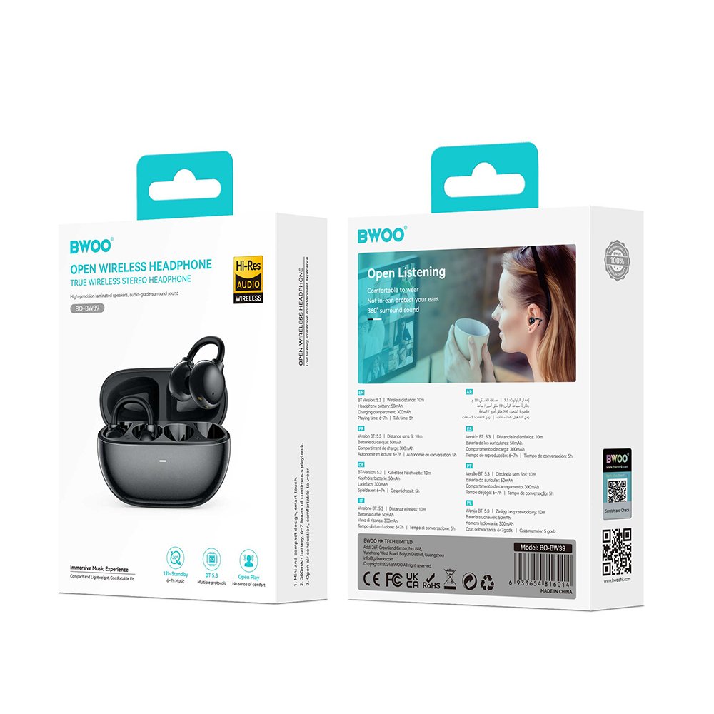 BWOO Bluetooth austiņas BW39 TWS running, melnas