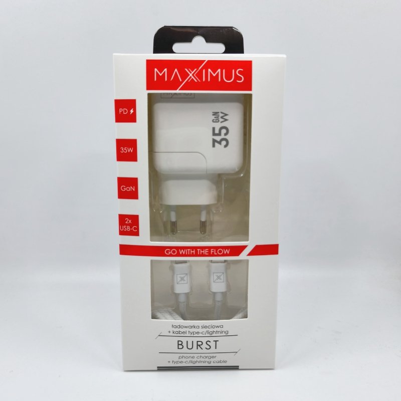 Tīkla lādētājs MX BURST GaN PD 35 W, 2xUSB-C + C/Lightning PD kabelis 20 W balts