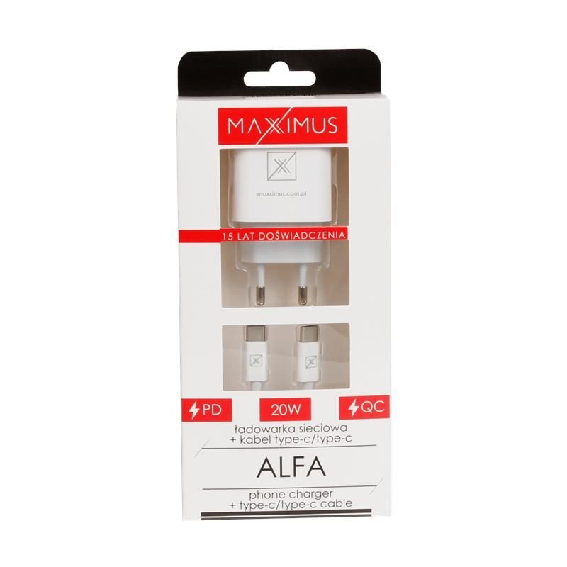 Tīkla lādētājs MX ALFA 20 W PD+QC, USB-A+C + C/C kabelis 20 W PD, balts