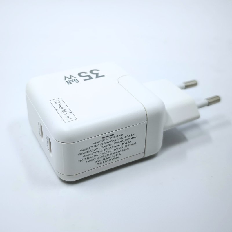 Tīkla lādētājs MX BURST GaN PD 35 W, 2xUSB-C + C/C PD kabelis 65 W, balts