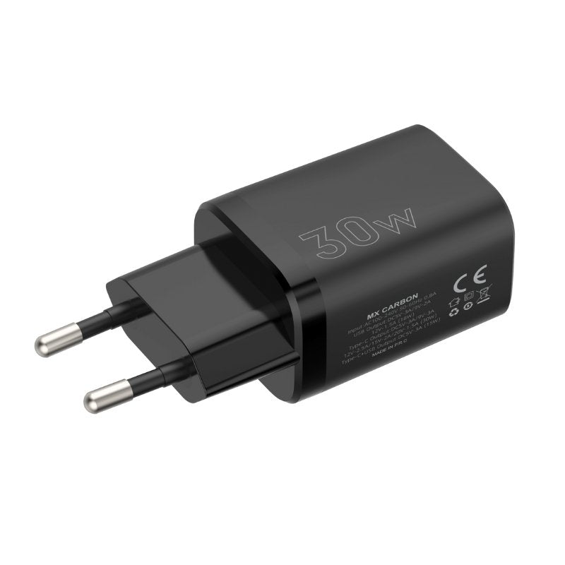 Maxximus tīkla lādētājs MX Carbon 30W Pd+qc Usb-a+c, melns
