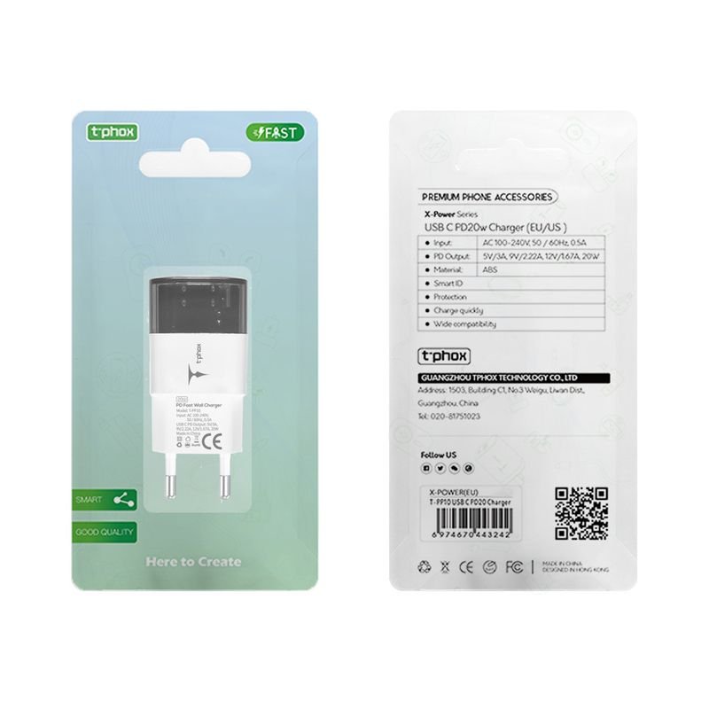 T-Phox tīkla lādētājs T-PP10 20W USB-C, melns