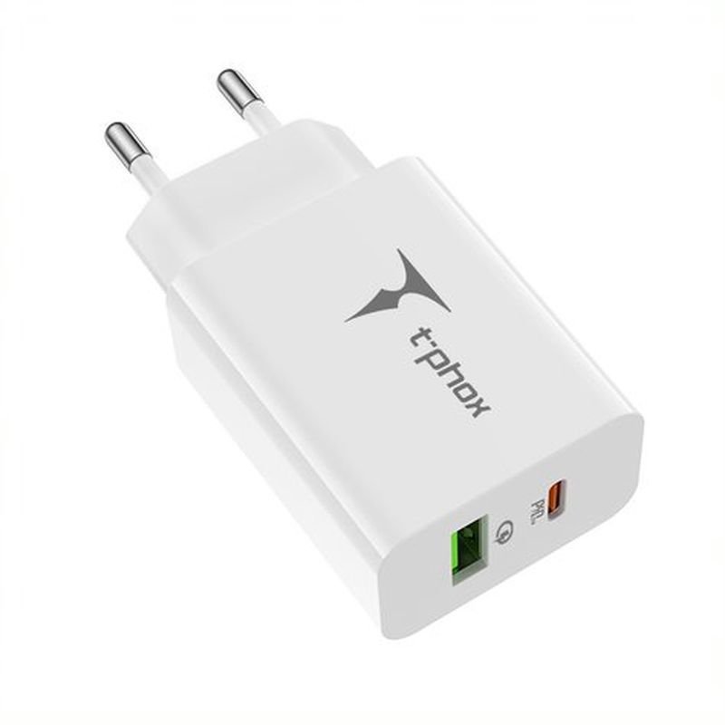 T-Phox tīkla lādētājs Speedy USB-C 20W + USB 18W QC 3.0, balts