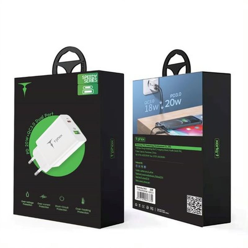 T-Phox tīkla lādētājs Speedy USB-C 20W + USB 18W QC 3.0, balts