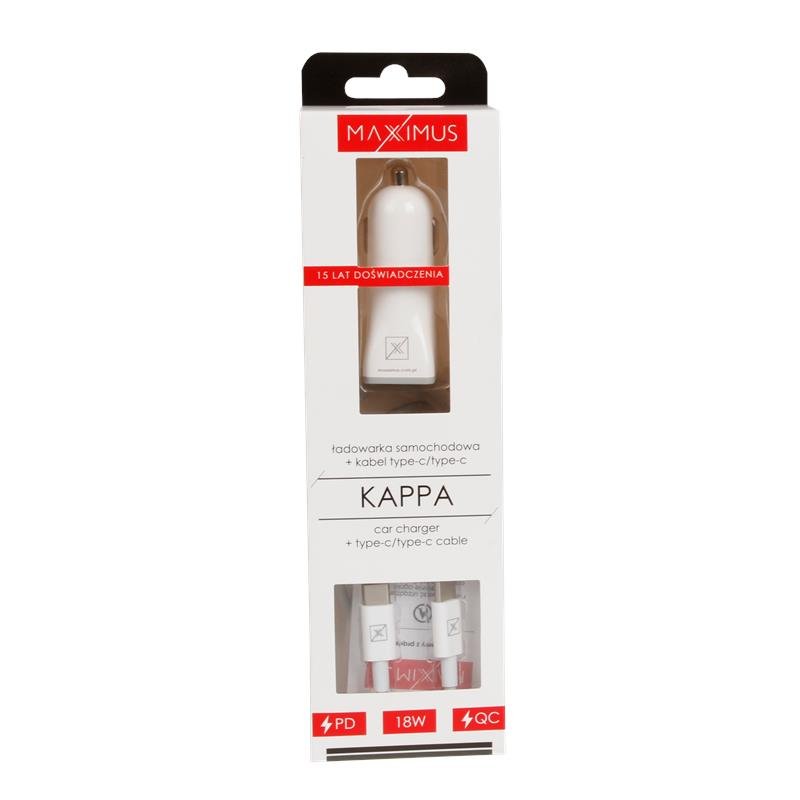 AUTOMAŠĪNAS UZLĀDES IERĪCE MX KAPPA 18 W PD+QC, USB-A+C+ C/C KABELIS 20 W PD, BALTS