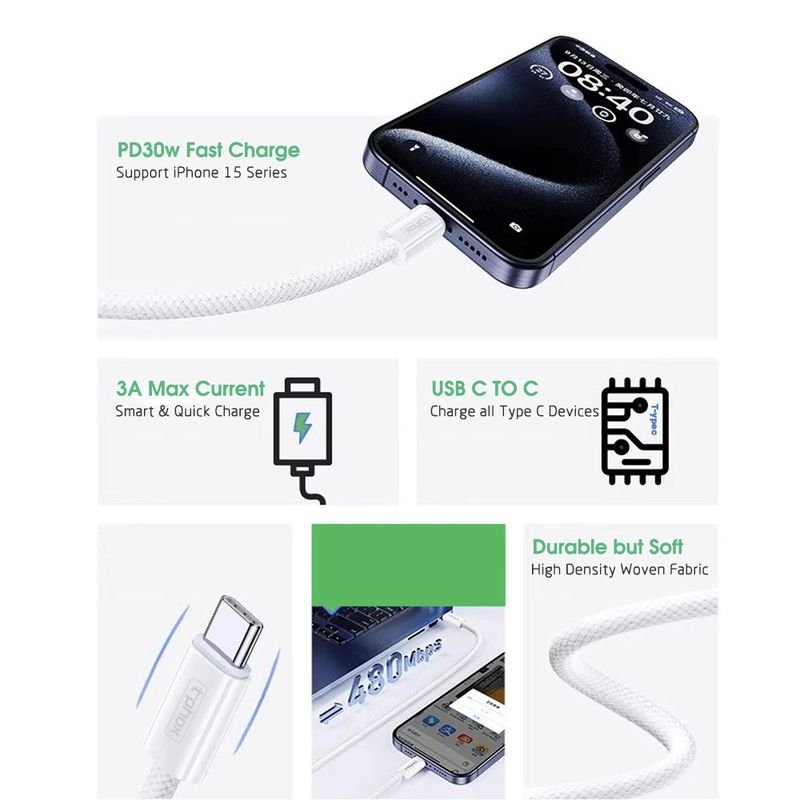 T-Phox kabelis CC15 Series USB-C/USB-C 60W 3A, balts