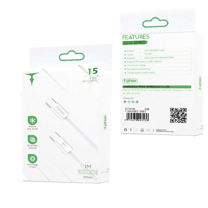 T-Phox kabelis CC15 Series USB-C/USB-C 60W 3A, balts