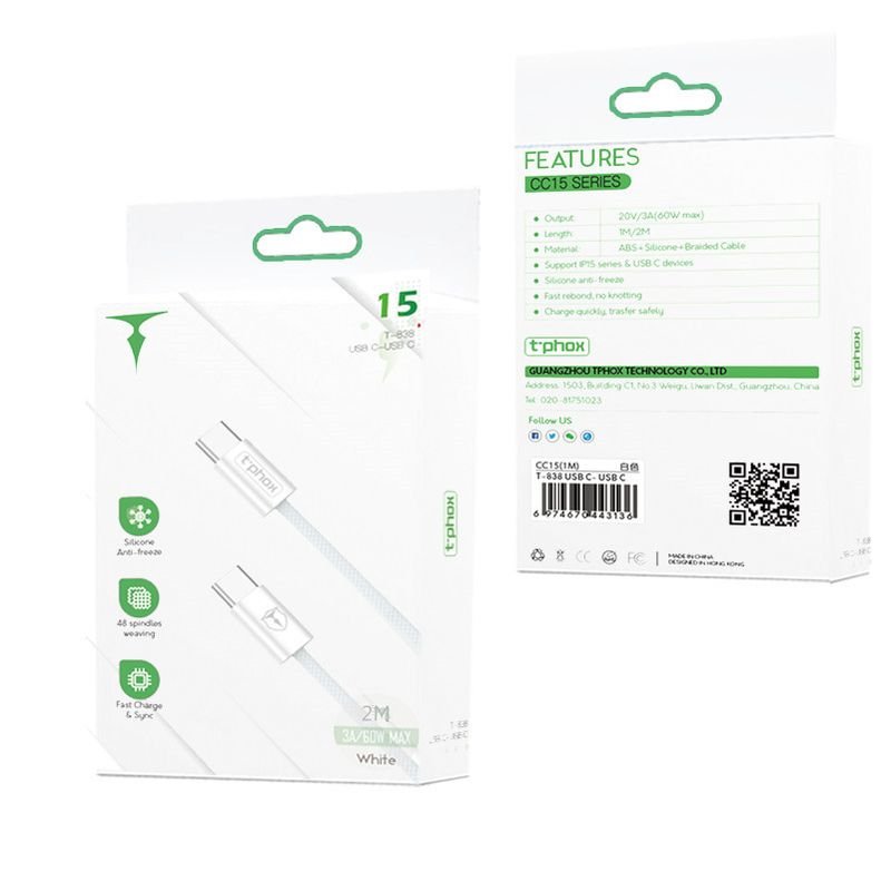 T-Phox kabelis CC15 Series USB-C/USB-C 60W 3A 2M, balts
