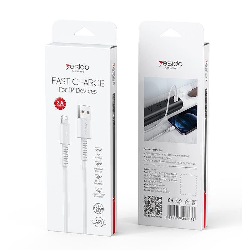 Yesido kabelis CA120 180W USB/TYPE-C 1M PVC 2A, balts