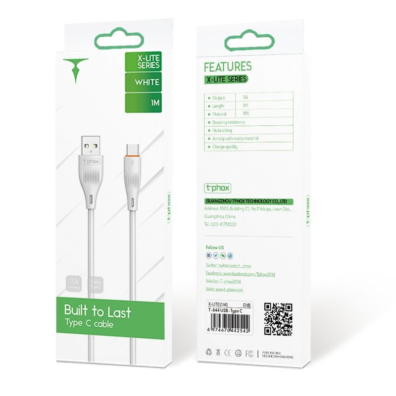 T-Phox kabelis X-lite TYPE-C balts 1M 3A