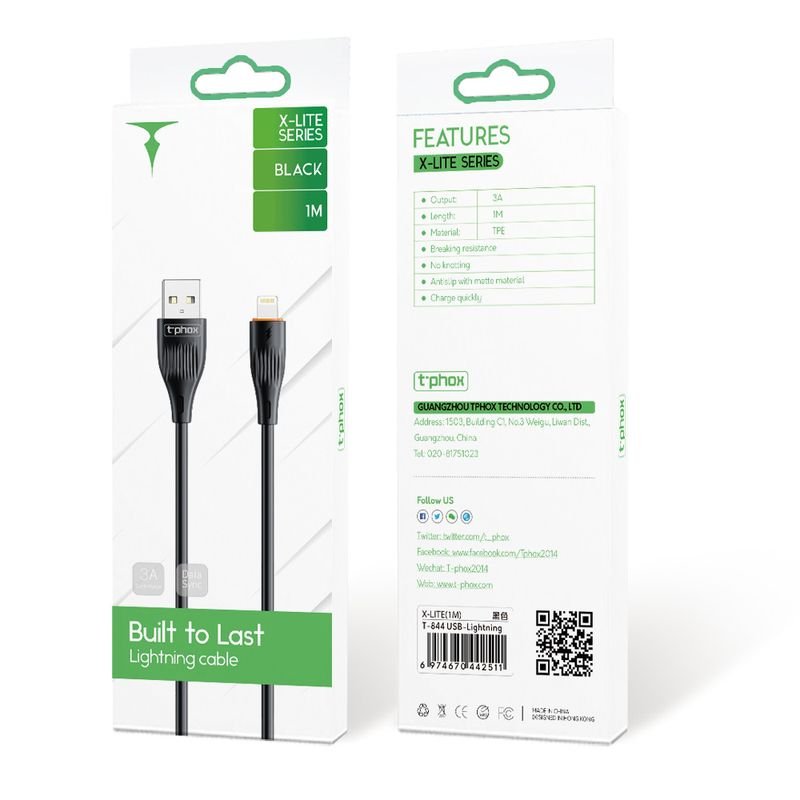 T-Phox kabelis X-lite Lightning melns 1M 3A