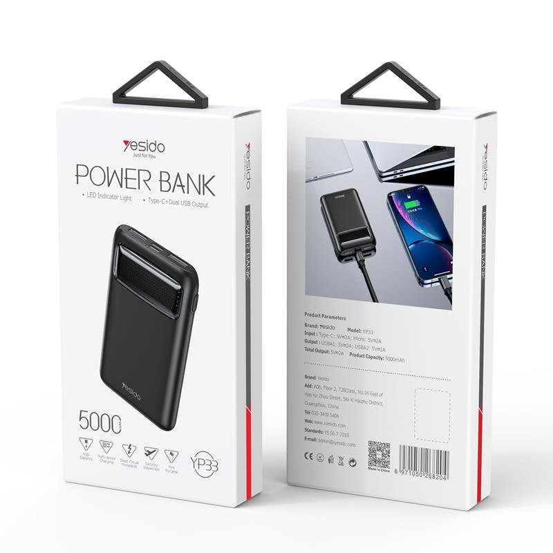 Yesido ārējā baterija YP33 5 000 mAh LED, 2xUSB-A + USB-C, melna
