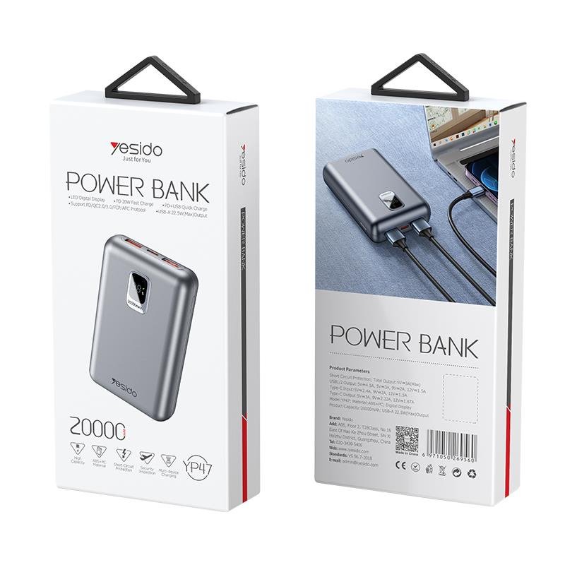 Yesido ārējā baterija YP47 20 000 mAh 22,5 W + PD 20 W ar LED indikatoru, sudraba