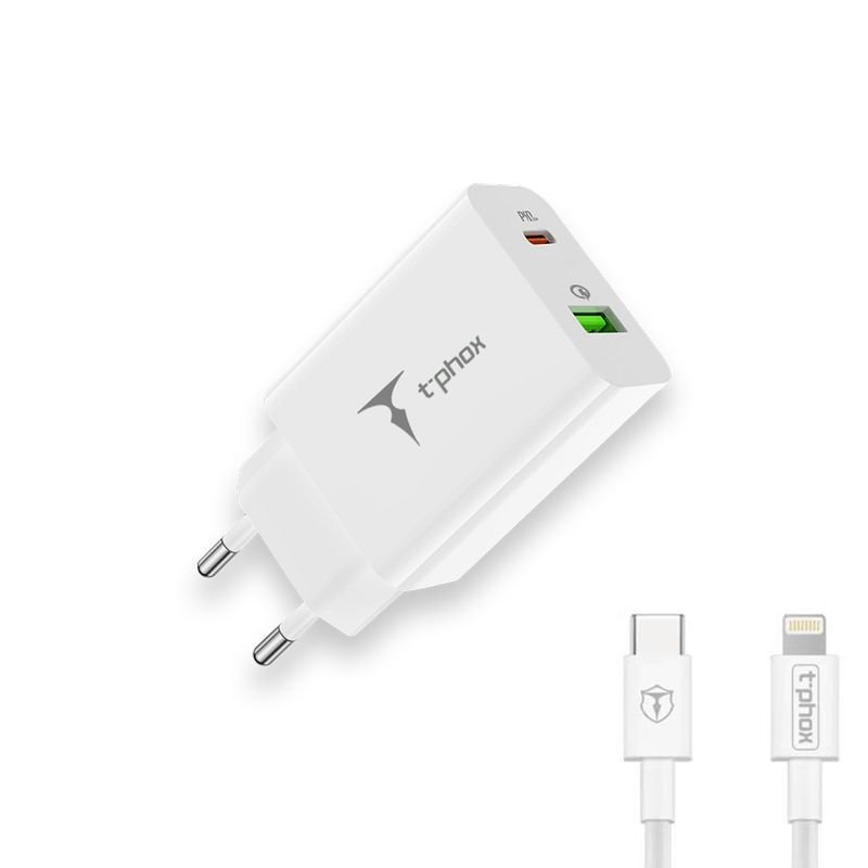 Tīkla lādētājs T-PHOX SPEEDY USB-C 20 W/USB 18 W (PD, QC) + Lightning kabelis 1 m, balts