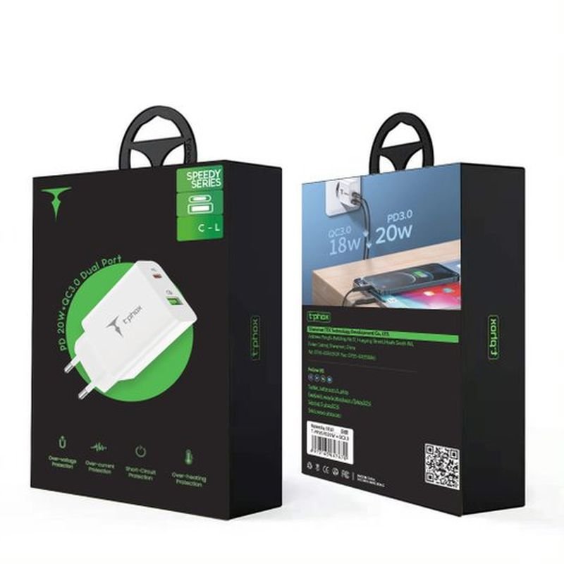 Tīkla lādētājs T-PHOX SPEEDY USB-C 20 W/USB 18 W (PD, QC) + Lightning kabelis 1 m, balts