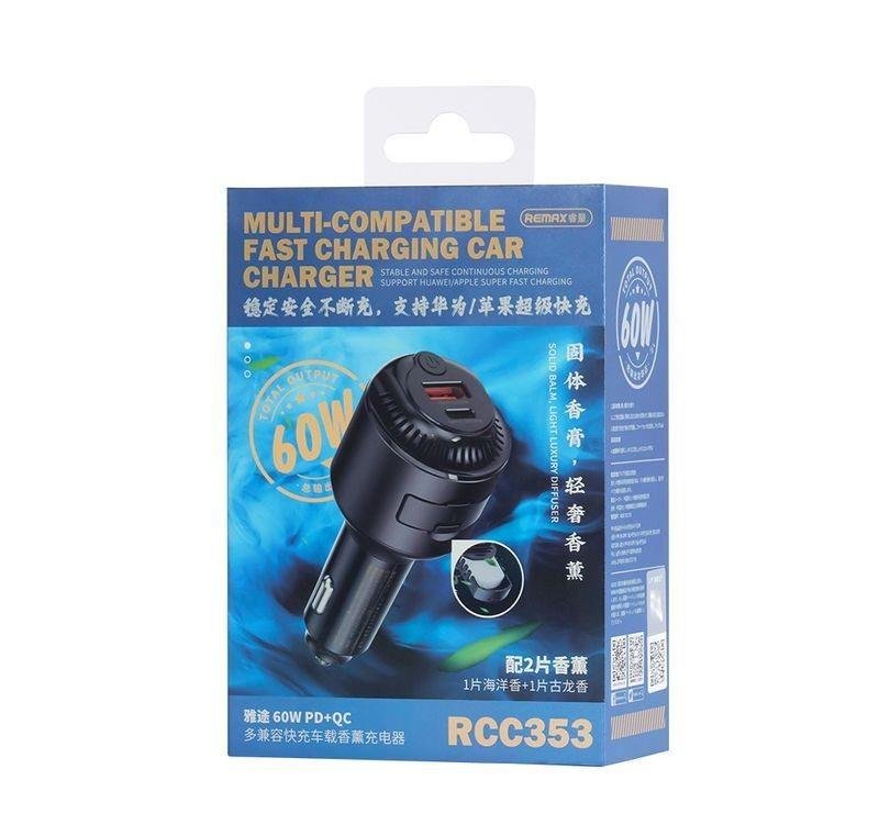 REMAX automašīnas lādētājs YATOY sērija ar aromātu, 60 W, PD, QC, RCC353, 1xUSB + 1xUSB-C, melns