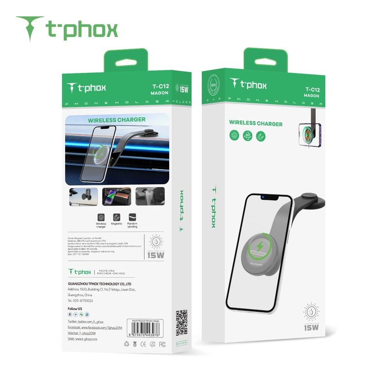 T-PHOX MAG ON 15 W magnētiskais bezvadu automašīnas turētājs, melns