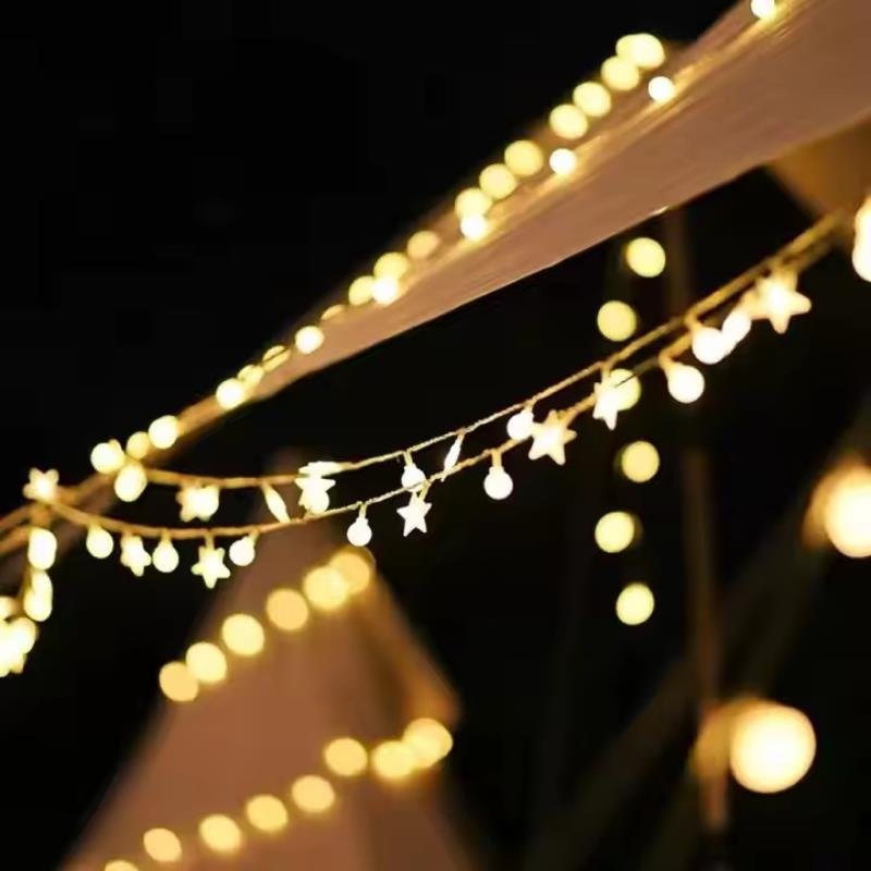 LED virtene 1,5M (10 LED LAMPS) USB BALCONY STARS + BALLS silti balta