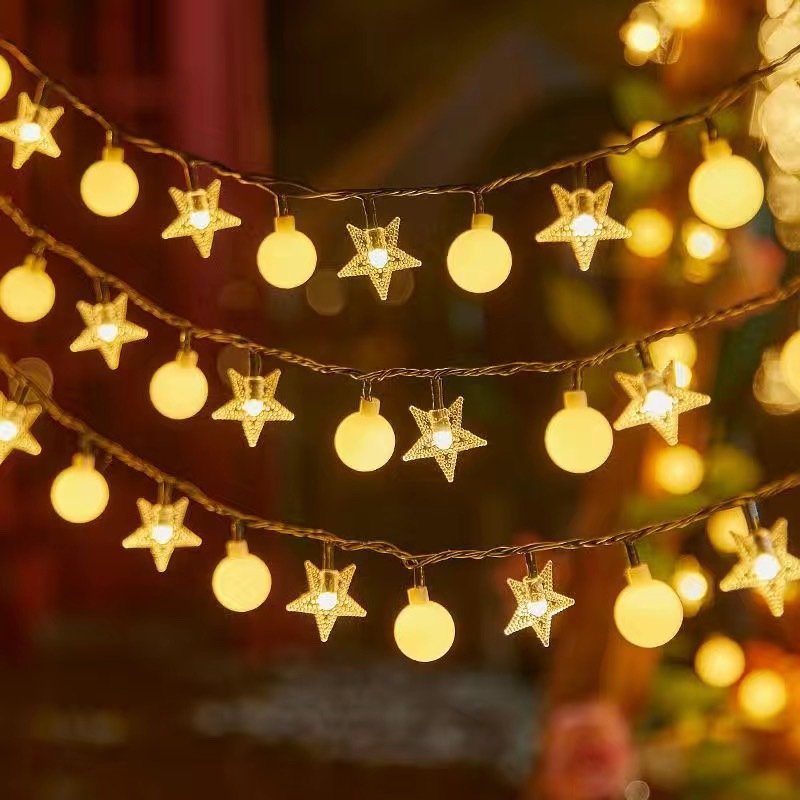 LED virtene 10M (80 LED LAMPS) USB STARS + BALLS silti balta