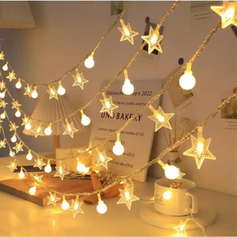 LED virtene 10M (80 LED LAMPS) USB STARS + BALLS silti balta