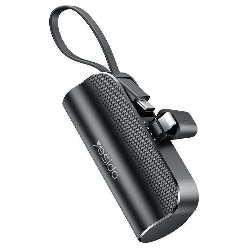 YESIDO ārējā baterija YP68 5000 mAh 12 W + USB-C vads, Lightning spraudnis, melns