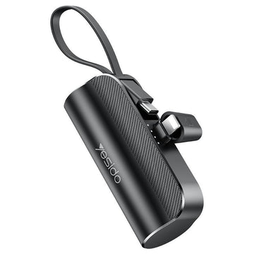 YESIDO ārējā baterija YP68 5000 mAh 12 W + USB-C vads, Lightning spraudnis, melns