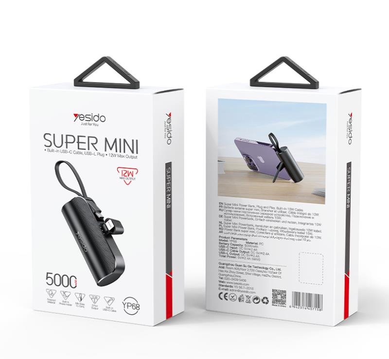 YESIDO ārējā baterija YP68 5000 mAh 12 W + USB-C vads, Lightning spraudnis, melns