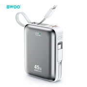 BWOO 20000mAh ātrās uzlādes ārējā baterija PD45W ar 2 kabeļiem tipa C un Lightning P78 sudraba