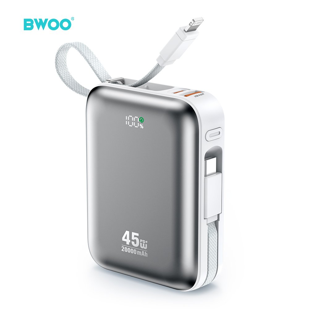 BWOO 20000mAh ātrās uzlādes ārējā baterija PD45W ar 2 kabeļiem tipa C un Lightning P78 sudraba
