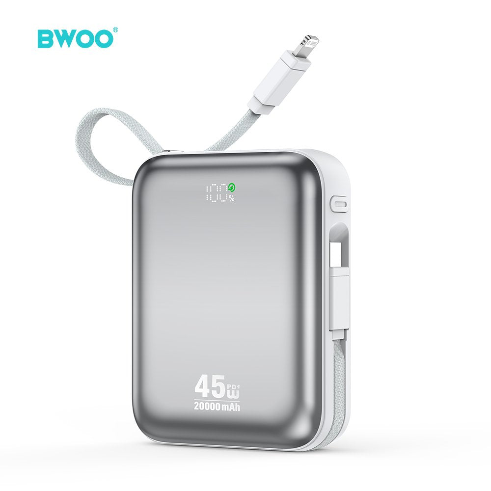 BWOO 20000mAh ātrās uzlādes ārējā baterija PD45W ar 2 kabeļiem tipa C un Lightning P78 sudraba