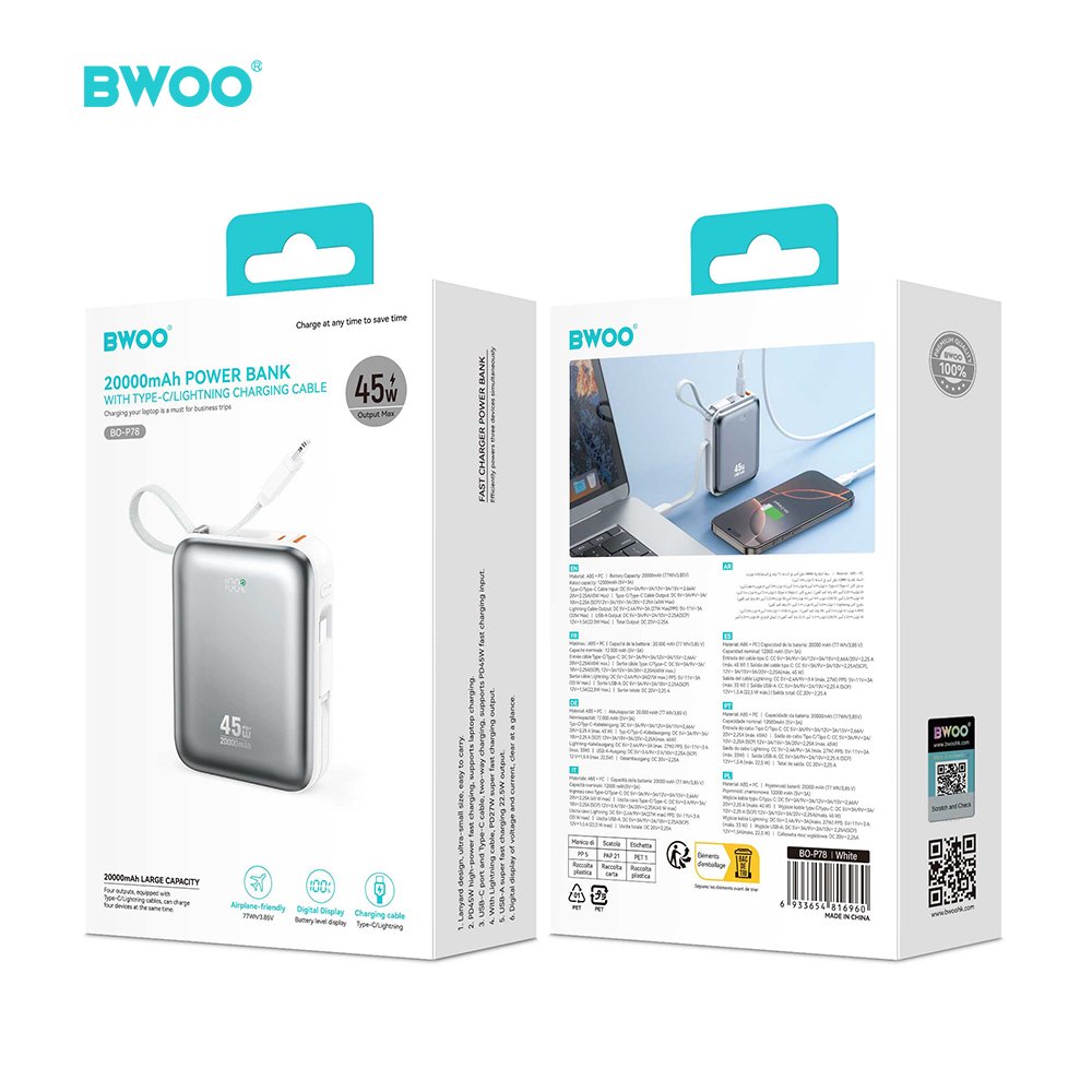BWOO 20000mAh ātrās uzlādes ārējā baterija PD45W ar 2 kabeļiem tipa C un Lightning P78 sudraba