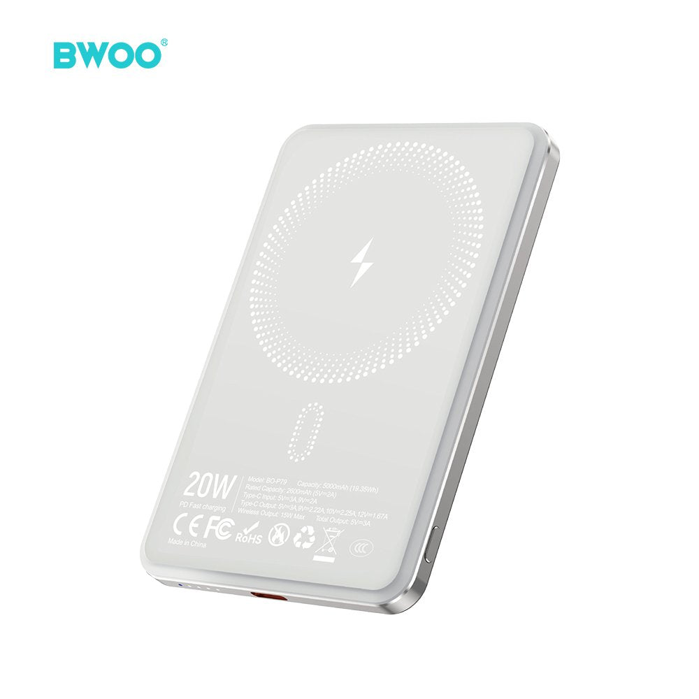 BWOO Ultra Slim ārējā baterija 20 W, 5000 mAh ar magnētisko uzlādi, P79, gaiši pelēka
